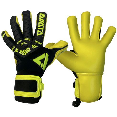 A pair of yellow and black Aviata goalkeeper gloves. The backhand features a black honeycomb pattern and brand logo, while the palm is solid bright yellow.