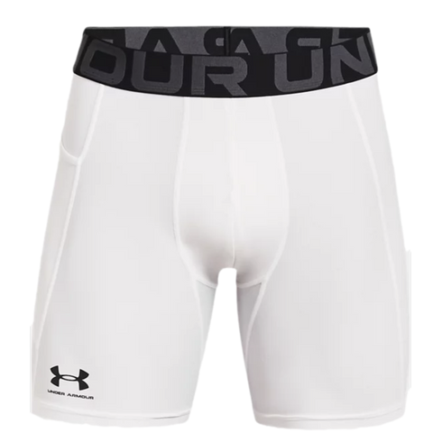 A pair of white Under Armour compression shorts with a black elastic waistband and the brand's logo on the lower leg.