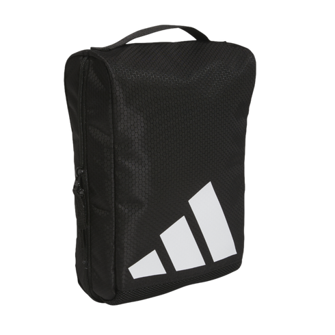 A black Adidas bag with a top handle, side zipper, and a large white 3-bar logo on the front. The material has a subtle hexagonal texture.