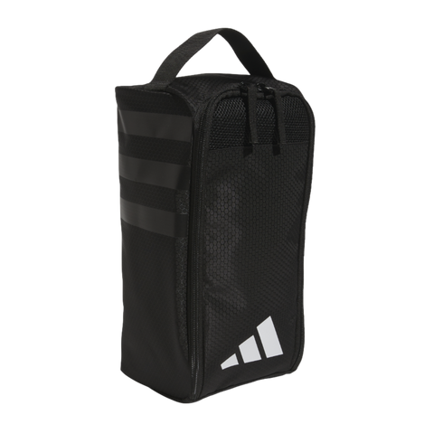 A black Adidas shoe bag with a top carry handle, a white logo at the bottom, and a zippered mesh front panel.