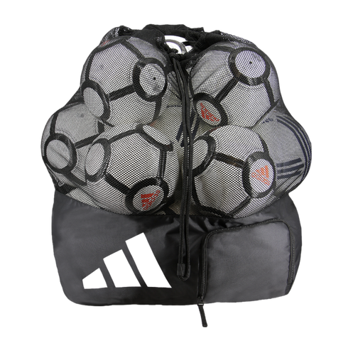 A black Adidas mesh bag filled with soccer balls. It features a large white logo on its solid base, a drawstring closure, and a small side zippered pocket.