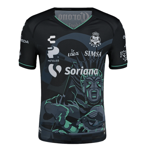 Black Club Santos Laguna soccer jersey with a stylized mint green warrior graphic on the front and various white sponsor logos.