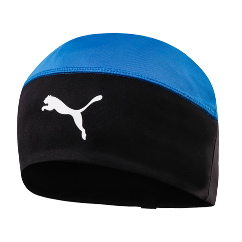 Blue and black Puma performance beanie featuring a white leaping cat logo on the front black band.