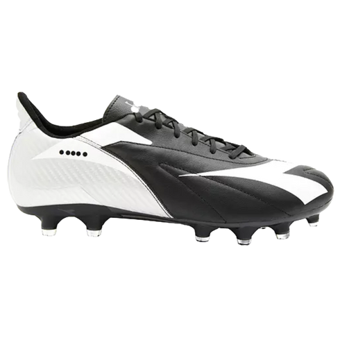 Side profile of a black and white soccer cleat with a large white logo, black laces, and white-tipped studs on a black sole.