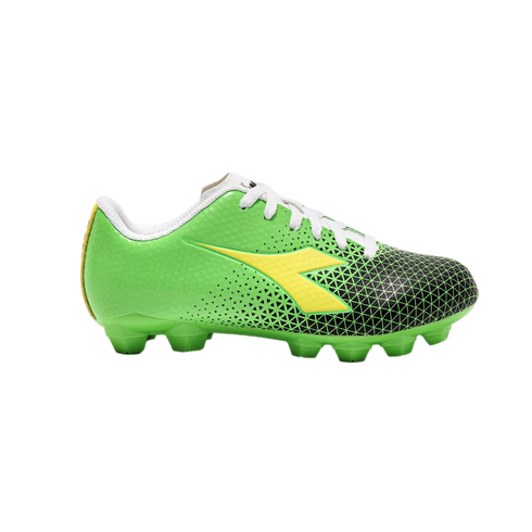Green and black Diadora kids' soccer cleat with yellow logo and white laces.