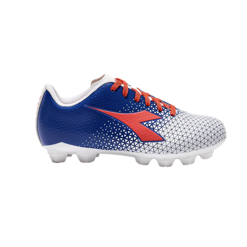 A blue and white Diadora soccer cleat with a red logo and orange laces, featuring a geometric pattern transitioning from heel to toe.