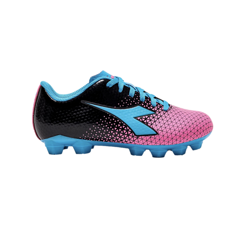 Side view of a colorful soccer cleat with a black and pink geometric patterned upper, blue laces, and a blue molded stud outsole.