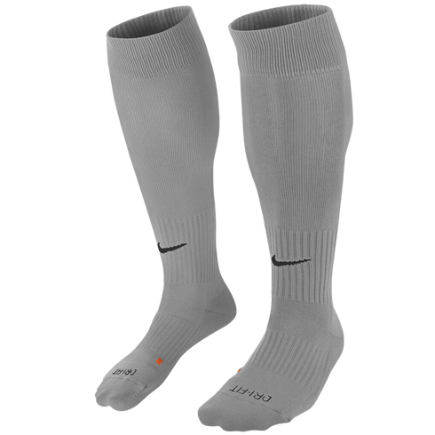 Grey Nike knee-high soccer socks featuring a black swoosh on the shins and DRI-FIT branding on the toes.