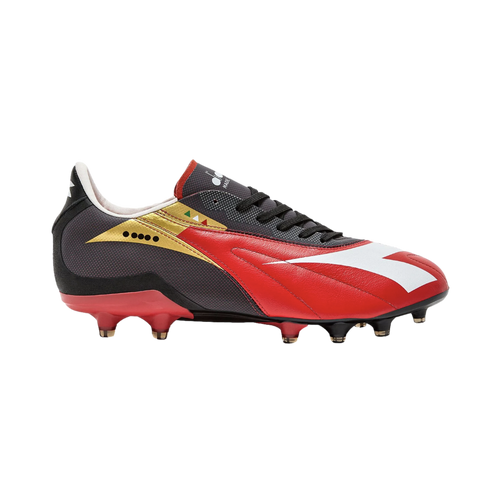 A red and black Diadora soccer cleat with gold trim and a white logo stripe, shown in a side profile view.