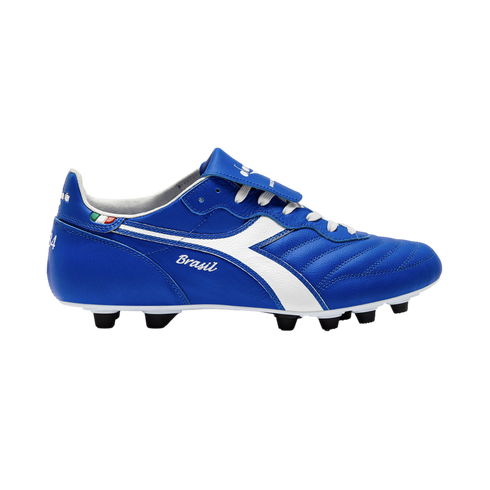 A blue and white Diadora Brasil soccer cleat with black studs, shown in a profile view against a plain white background. It features white laces and an Italian flag detail near the heel.