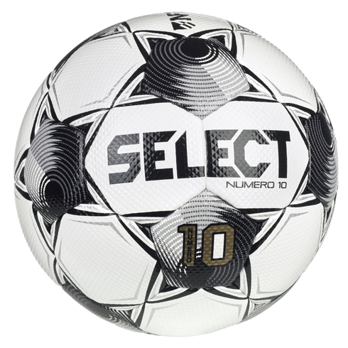 Select Numero 10 soccer ball with white panels and black patterned accents. Large "SELECT" branding and the number "10" are prominently displayed.