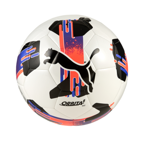 A white Puma Orbita 6 soccer ball with black, orange, and blue graphic patterns and a large black Puma cat logo at the center.