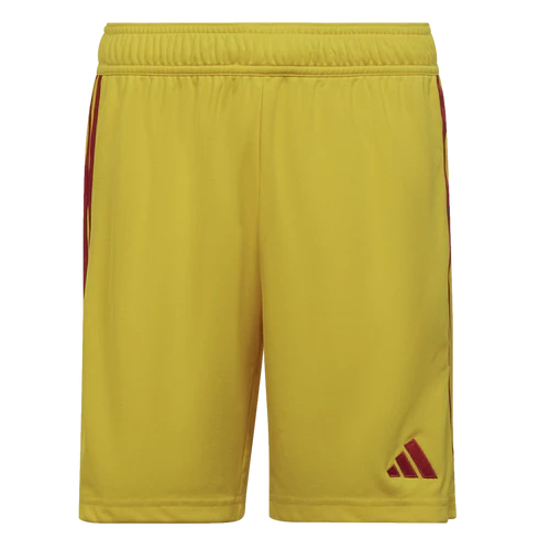 A pair of yellow Adidas athletic shorts with maroon side stripes and a maroon logo on the left leg.