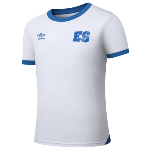 White Umbro soccer jersey for El Salvador with blue collar and sleeve trim, featuring an "ES" chest logo and a subtle tonal embossed wave pattern.
