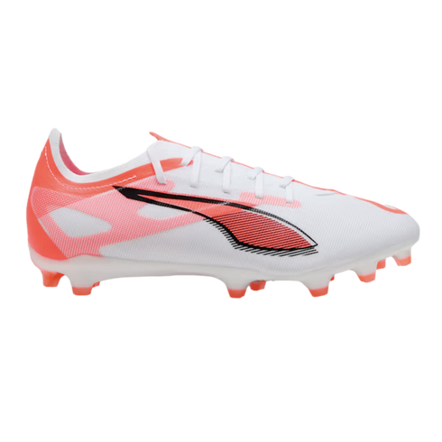 Side profile of a white Puma soccer cleat with bright orange accents on the heel and studs, featuring a black-outlined formstrip.
