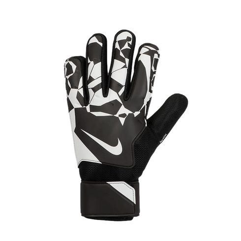 A black and white Nike goalkeeper glove with a geometric pattern on the fingers and palm, featuring a white swoosh logo on the back and a solid black wrist strap.