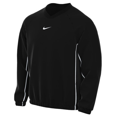 Black Nike long-sleeved athletic top with a white swoosh on the chest and white piping on the sides.