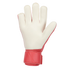 A goalkeeper glove with a cream latex palm and red back and wrist strap, shown against a white background.