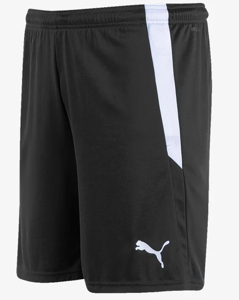 Black Puma athletic shorts with a white vertical side stripe and white Puma logo on the left leg.
