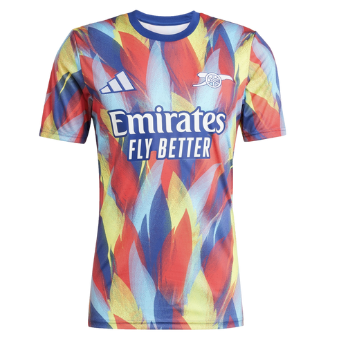 Adidas Arsenal soccer jersey featuring a colorful red, yellow, and blue brushstroke pattern with white club crest and Emirates sponsor logo.