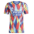 Adidas Arsenal soccer jersey featuring a colorful red, yellow, and blue brushstroke pattern with white club crest and Emirates sponsor logo.