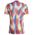 Back view of a short-sleeved t-shirt featuring a vibrant abstract pattern of overlapping red, yellow, and blue leaf-like shapes.