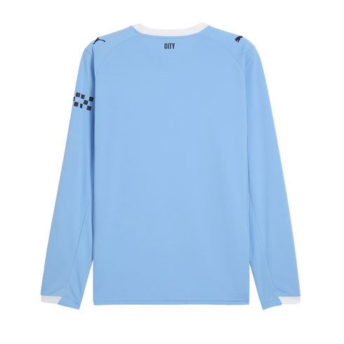 Back view of a light blue long-sleeved jersey with "CITY" printed below the white neckline, Puma logos on the shoulders, and a black checkered pattern on the left sleeve.