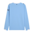 Back view of a light blue long-sleeved jersey with "CITY" printed below the white neckline, Puma logos on the shoulders, and a black checkered pattern on the left sleeve.