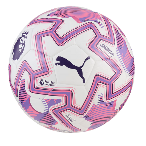 White Puma Premier League soccer ball with pink and purple zig-zag patterns and "Season 2025/26" branding.