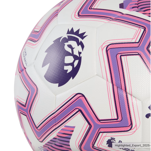 Close-up of a white soccer ball with purple and pink geometric patterns and the Premier League lion logo.