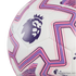 Close-up of a white soccer ball with purple and pink geometric patterns and the Premier League lion logo.