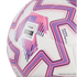 Close-up of a white Puma football featuring pink and purple zigzag patterns and a "FIFA Quality" certification mark.