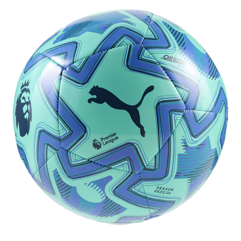 A teal and navy Puma football featuring geometric zig-zag patterns, the Premier League lion logo, and the text "SEASON 2025/26."