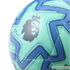Close-up of a teal and blue Puma soccer ball with angular patterns and the Premier League lion logo in dark grey.