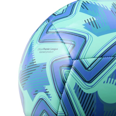 Close-up of a teal and blue soccer ball with geometric patterns and "Official Premier League licensed product" text, isolated on white.