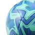 Close-up of a teal and blue soccer ball with geometric patterns and "Official Premier League licensed product" text, isolated on white.