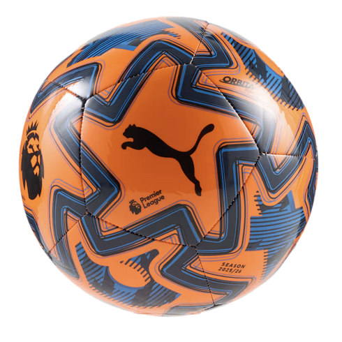 An orange Puma Premier League soccer ball for the 2025/26 season with blue jagged patterns, isolated on white.
