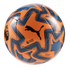 An orange Puma Premier League soccer ball for the 2025/26 season with blue jagged patterns, isolated on white.