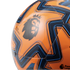 Close-up of an orange Puma Premier League soccer ball featuring navy and light blue geometric patterns on its glossy surface.