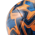 A close-up of a glossy orange and blue soccer ball with geometric patterns and the text "Official Premier League licensed product."
