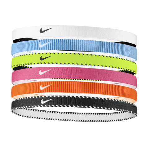 Stack of six Nike headbands in white, light blue, neon green, pink, orange, and black, each featuring a small Nike swoosh logo.