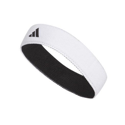 A white Adidas headband with a black interior and the three-stripe logo on the side, shown against a white background.