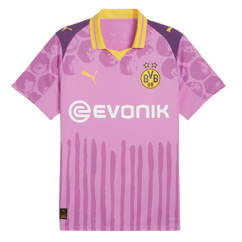 A pink Puma Borussia Dortmund football jersey with purple patterned sleeves, a yellow collar, and a white "Evonik" sponsor logo.