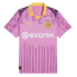 A pink Puma Borussia Dortmund football jersey with purple patterned sleeves, a yellow collar, and a white "Evonik" sponsor logo.