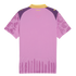 Back of a pink jersey with purple shoulders, yellow collar, and yellow branding. Includes patterned sleeves and vertical purple brushstroke-style stripes along the bottom hem.