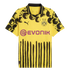 Yellow Puma Borussia Dortmund jersey with black circular shoulder graphics, vertical brush-stroke stripes on the lower half, and a purple "Evonik" sponsor logo.