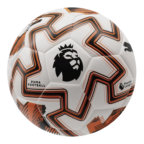 Puma Premier League soccer ball featuring a white base with black and orange zigzag patterns, the Premier League lion logo, and Puma branding.