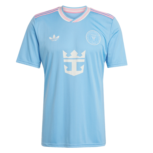 A light blue Inter Miami soccer jersey with pink and white striped trim, featuring a white Adidas logo, club crest, and Royal Caribbean sponsor logo.