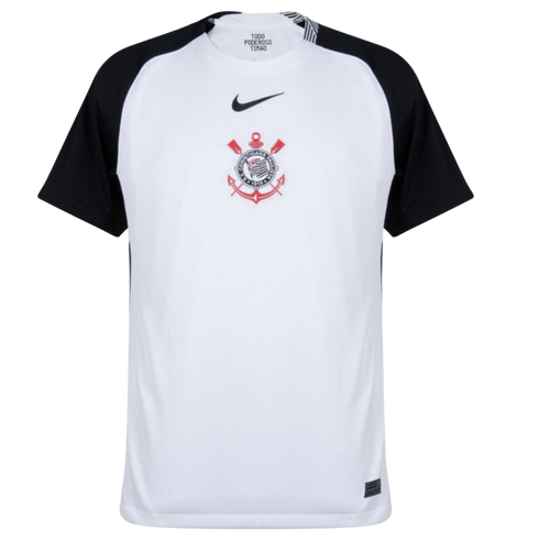 A white Nike jersey with black raglan sleeves, featuring a centered Corinthians club crest and black swoosh.