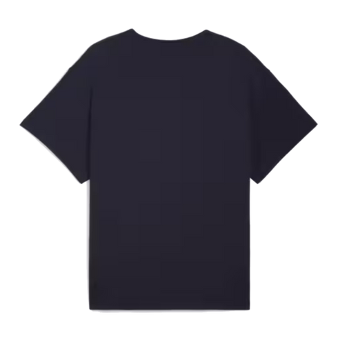 Plain dark navy blue short-sleeved t-shirt shown from a flat-lay perspective against a white background.